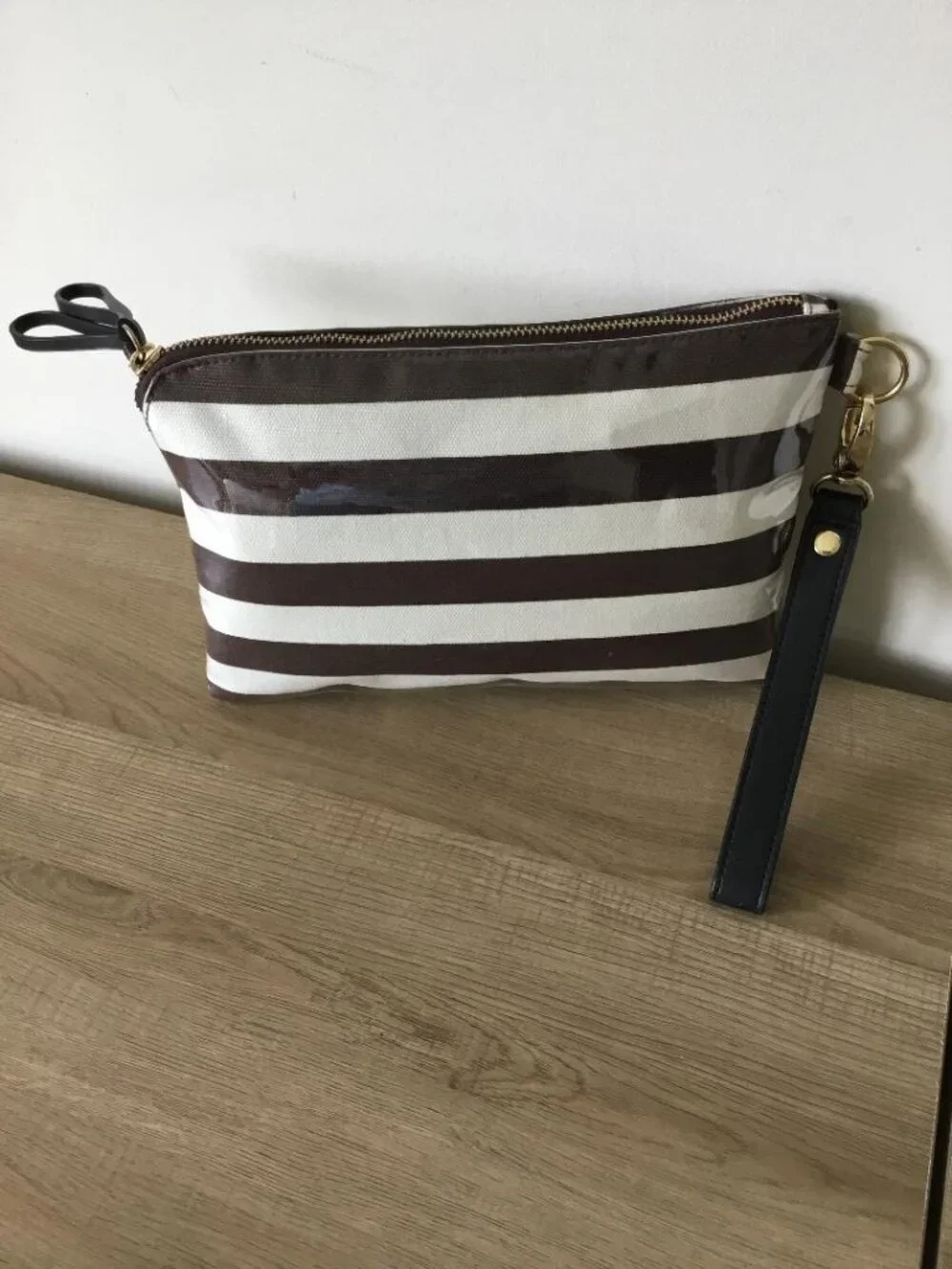 Henri Bendel Brown & White Striped Wristlet Clutch/Make Up Bag With Script Logo